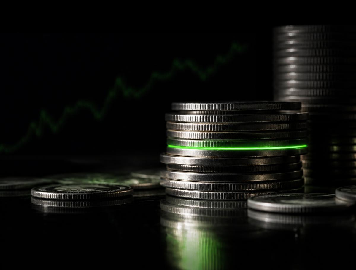 Stacks of metal coins crossed by a green ring of light